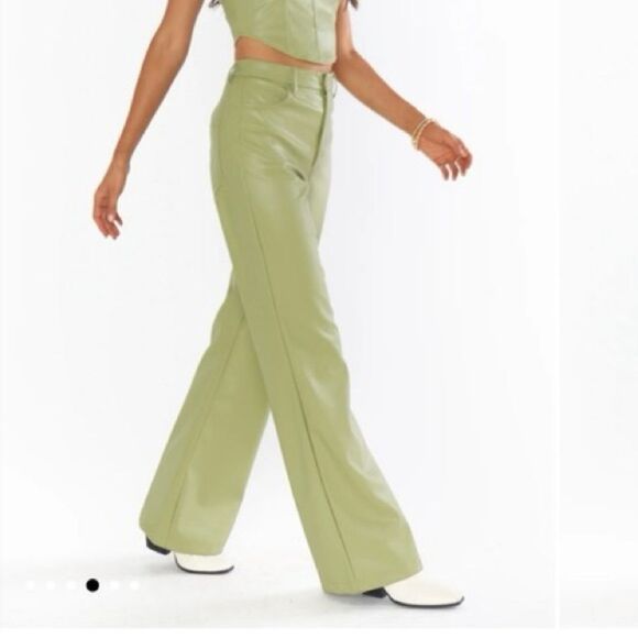 Show Me Your Mumu Tribeca Faux Leather Flare Pants in Sage Green Size Medium - Picture 2 of 6